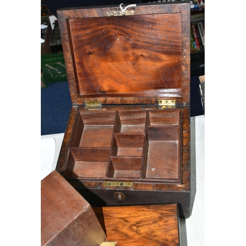 437 - THREE VICTORIAN WOODEN BOXES, comprising a writing box with brass escutcheon, a sewing box with an i... 