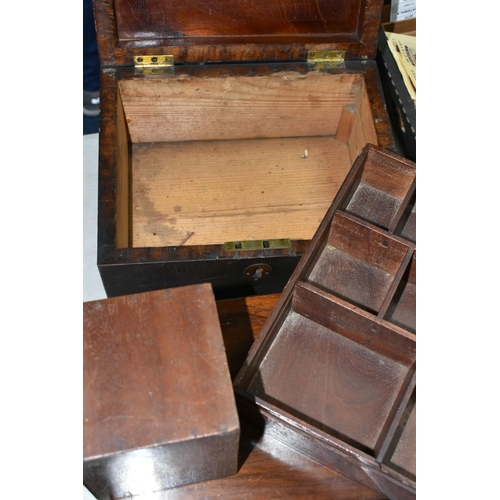 437 - THREE VICTORIAN WOODEN BOXES, comprising a writing box with brass escutcheon, a sewing box with an i... 