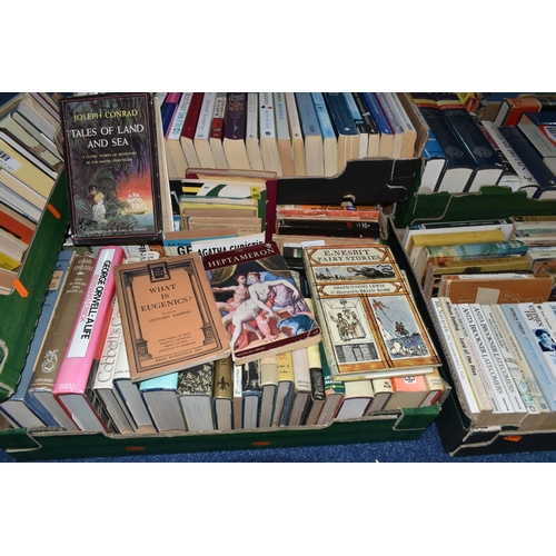 441 - SIX BOXES OF BOOKS, approximately one hundred and fifty paperback and hardback books, to include Pan... 