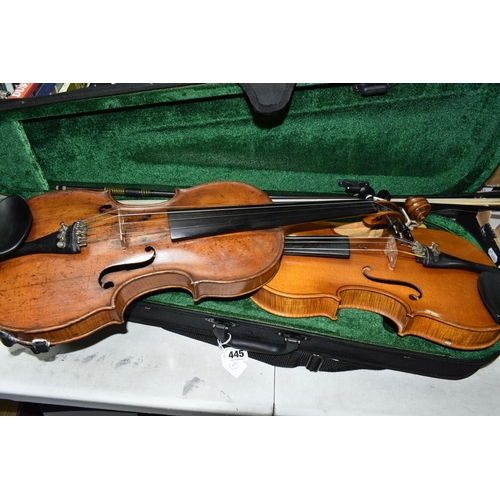 445 - TWO VIOLINS, comprising a late 19th/early 20th century violin (possibly German) with an ebony chin r... 