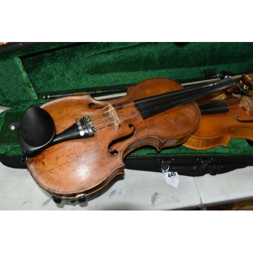 445 - TWO VIOLINS, comprising a late 19th/early 20th century violin (possibly German) with an ebony chin r... 