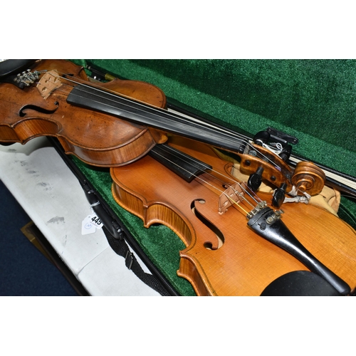 445 - TWO VIOLINS, comprising a late 19th/early 20th century violin (possibly German) with an ebony chin r... 