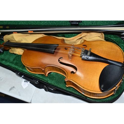 445 - TWO VIOLINS, comprising a late 19th/early 20th century violin (possibly German) with an ebony chin r... 