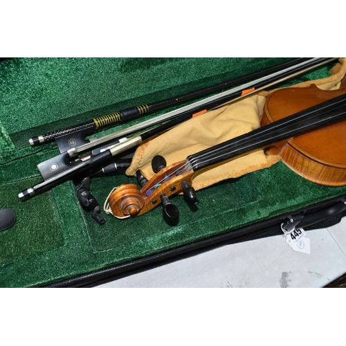 445 - TWO VIOLINS, comprising a late 19th/early 20th century violin (possibly German) with an ebony chin r... 