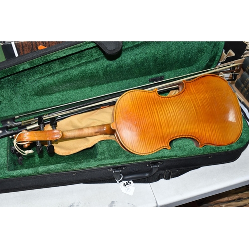 445 - TWO VIOLINS, comprising a late 19th/early 20th century violin (possibly German) with an ebony chin r... 