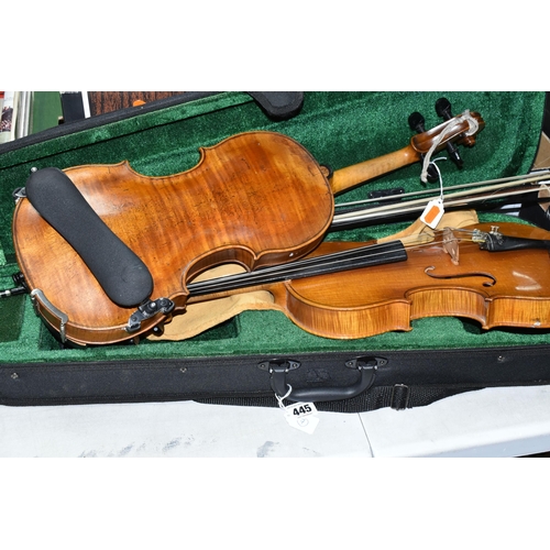 445 - TWO VIOLINS, comprising a late 19th/early 20th century violin (possibly German) with an ebony chin r... 