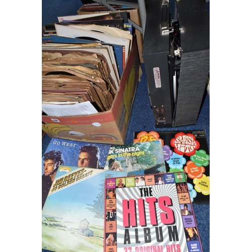 448 - TWO BOXES OF L.P AND SINGLE RECORDS, together with a portable Bush record player Model SRP58, over t... 