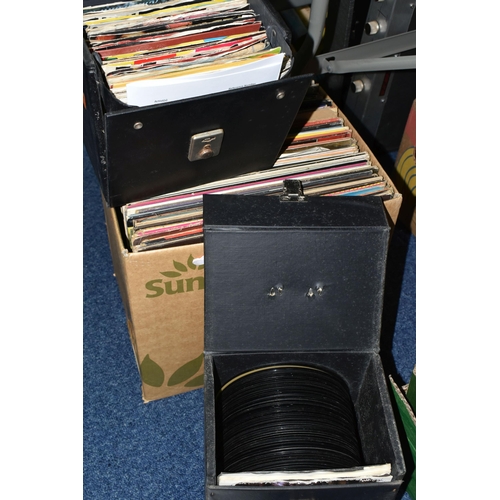 448 - TWO BOXES OF L.P AND SINGLE RECORDS, together with a portable Bush record player Model SRP58, over t... 