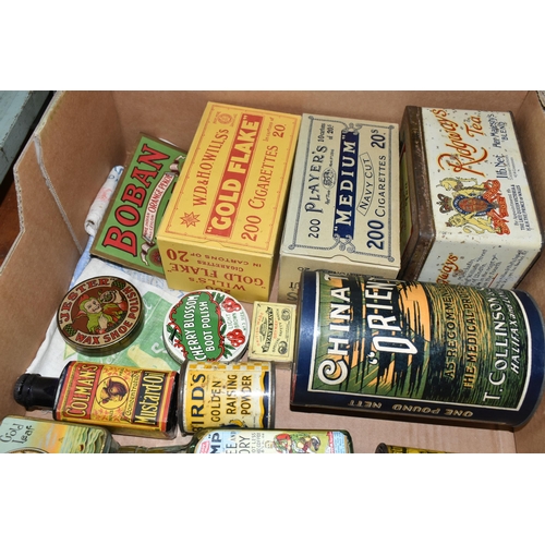 454 - ONE BOX OF VINTAGE ADVERTISING TINS AND PACKAGING, to include a full tin of  T. Collinson & Sons Ltd... 