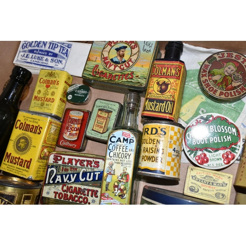 454 - ONE BOX OF VINTAGE ADVERTISING TINS AND PACKAGING, to include a full tin of  T. Collinson & Sons Ltd... 