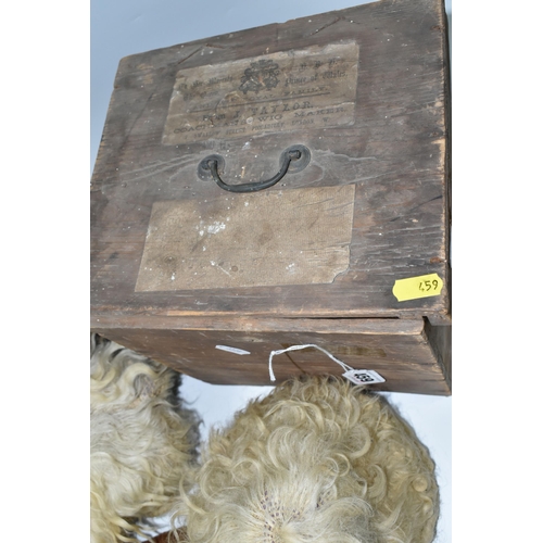 459 - ONE WOODEN CARRY CASE CONTAINING TWO EARLY VICTORIAN COACHMAN'S WIGS, the box has a paper label on t... 