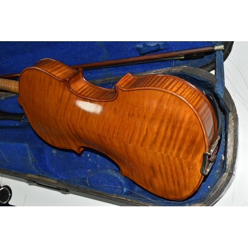 462 - ONE VIOLIN WITH BOW AND WOODEN CASE, a blue felt lined black painted wooden case, bow in need of att... 