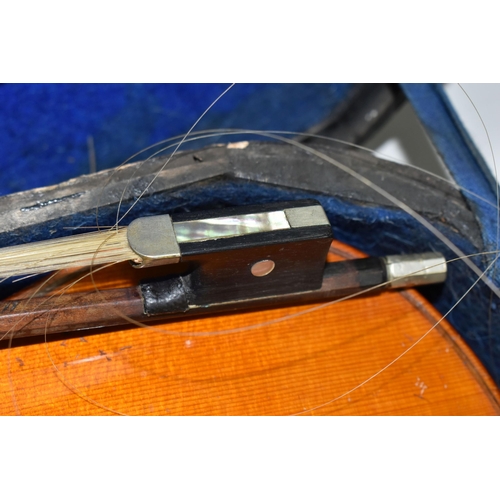 462 - ONE VIOLIN WITH BOW AND WOODEN CASE, a blue felt lined black painted wooden case, bow in need of att... 