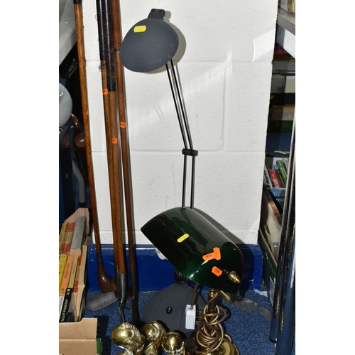 487 - A GROUP OF VINTAGE GOLF CLUBS, LAMPS AND FIRE IRONS, comprising four hickory shaft golf clubs to inc... 