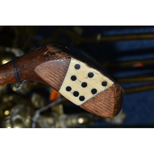 487 - A GROUP OF VINTAGE GOLF CLUBS, LAMPS AND FIRE IRONS, comprising four hickory shaft golf clubs to inc... 