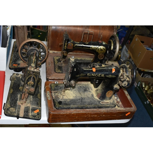 488 - FOUR ANTIQUE SEWING MACHINES FOR SPARES OR REPAIR, comprising a Frister & Rossman machine lacking wo... 