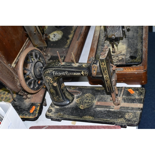 488 - FOUR ANTIQUE SEWING MACHINES FOR SPARES OR REPAIR, comprising a Frister & Rossman machine lacking wo... 