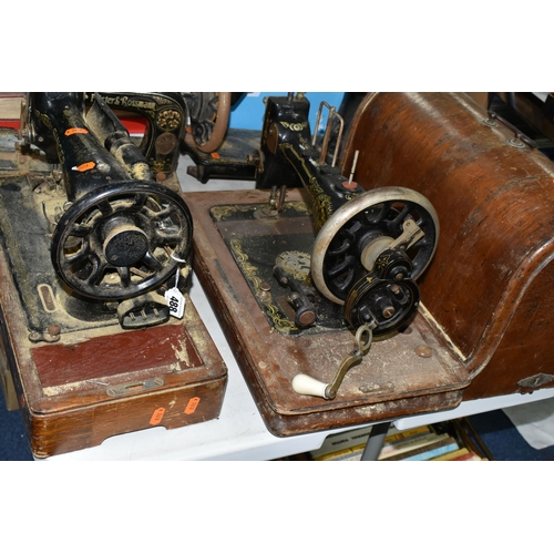 488 - FOUR ANTIQUE SEWING MACHINES FOR SPARES OR REPAIR, comprising a Frister & Rossman machine lacking wo... 