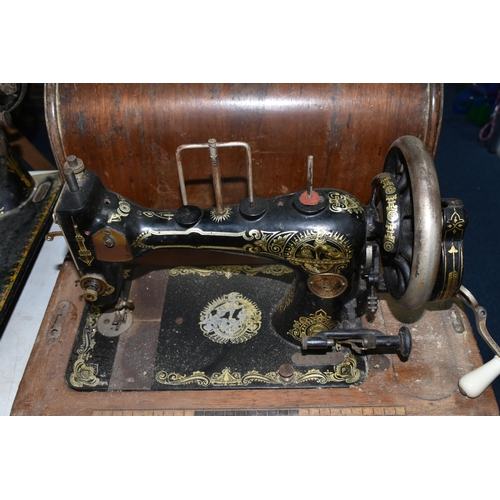 488 - FOUR ANTIQUE SEWING MACHINES FOR SPARES OR REPAIR, comprising a Frister & Rossman machine lacking wo... 