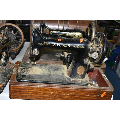 488 - FOUR ANTIQUE SEWING MACHINES FOR SPARES OR REPAIR, comprising a Frister & Rossman machine lacking wo... 