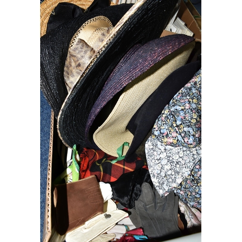 502 - TWO BOXES OF LADIES BAGS, HATS  AND ACCESSORIES ETC, to include hats by Helen Anderson, Suzanne Bett... 