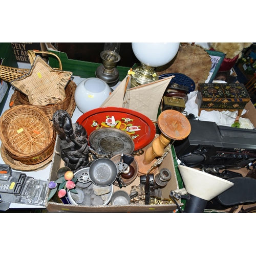 504 - THREE BOXES AND LOOSE TREEN, METAL WARES, BINOCULARS AND SUNDRY ITEMS, to include a pewter porringer... 