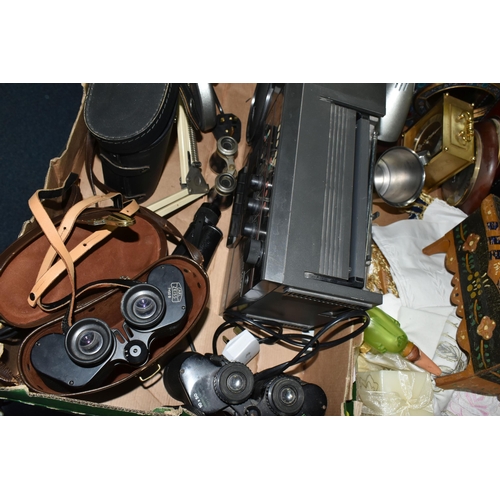 504 - THREE BOXES AND LOOSE TREEN, METAL WARES, BINOCULARS AND SUNDRY ITEMS, to include a pewter porringer... 