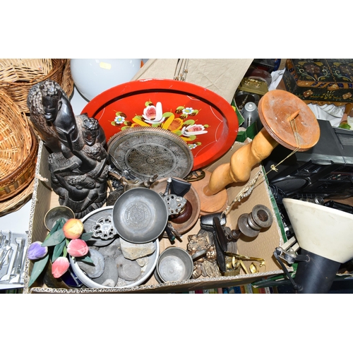 504 - THREE BOXES AND LOOSE TREEN, METAL WARES, BINOCULARS AND SUNDRY ITEMS, to include a pewter porringer... 