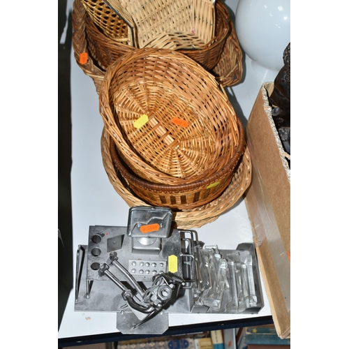 504 - THREE BOXES AND LOOSE TREEN, METAL WARES, BINOCULARS AND SUNDRY ITEMS, to include a pewter porringer... 