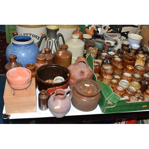 511 - TWO BOXES AND LOOSE STONEWARE BOTTLES AND JARS, ETC, to include over seventy stoneware ink / blackin... 