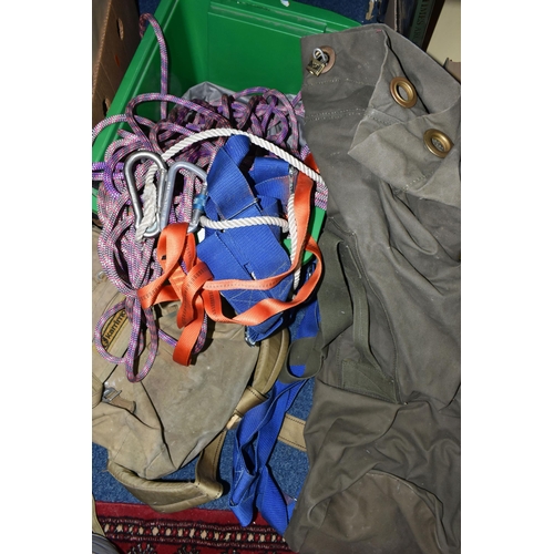 512 - A BOX OF CLIMBING AND OUTDOOR EQUIPMENT, to include rope, carabiners, harness, Karrimor rucksack and... 