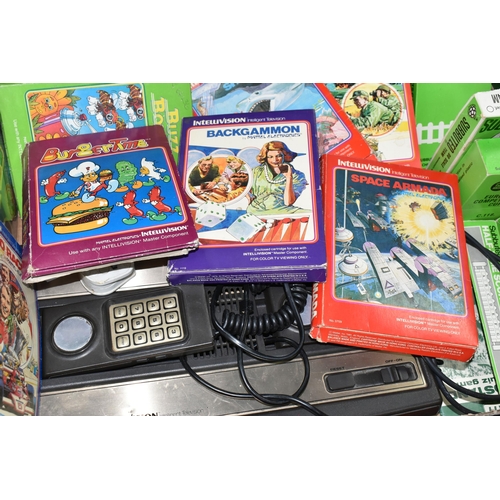 517 - INTELLIVISION CONSOLE AND GAMES, games include Space Armada, Soccer, Auto Racer, Shark , Buzz Bomber... 