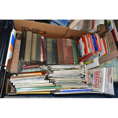 525 - THREE BOXES & LOOSE BOOKS, MAPS, ETC, including guidebooks, a language dictionary, magazines, scrapb... 