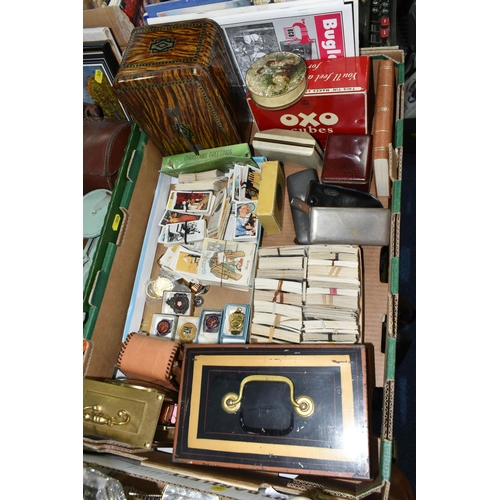 528 - TWO BOXES OF MISCELLANEOUS SUNDRIES, to include a cigarette card collection, a tin case containing a... 