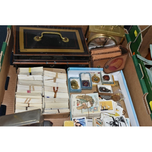 528 - TWO BOXES OF MISCELLANEOUS SUNDRIES, to include a cigarette card collection, a tin case containing a... 