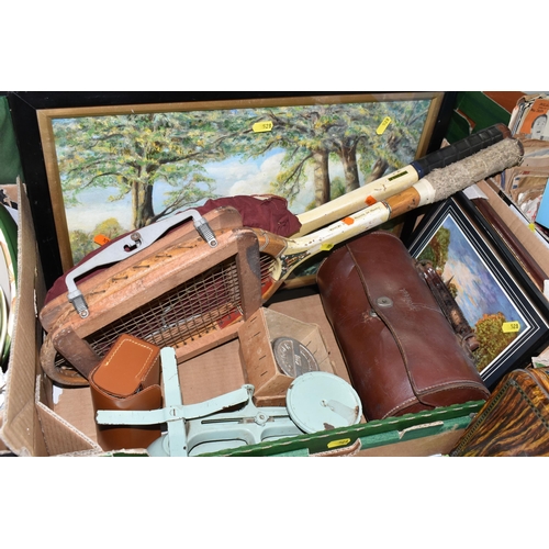 528 - TWO BOXES OF MISCELLANEOUS SUNDRIES, to include a cigarette card collection, a tin case containing a... 