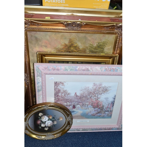 529 - TWO BOXES OF MISCELLANEOUS SUNDRIES, together with eight framed paintings and prints, gilt candle ho... 