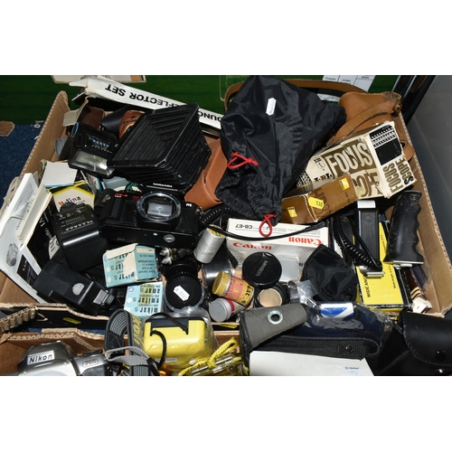 530 - TWO BOXES OF VINTAGE CAMERAS AND PHOTOGRAPHIC EQUIPMENT, to include lens cases, tripods, flashes, an... 