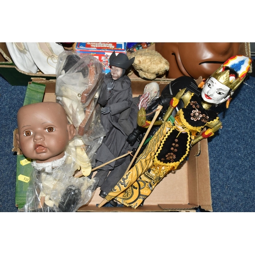 531 - TWO BOXES OF VINTAGE TOYS, to include a green latex Doctor Who 'Davros' mask, a Doctor Who 'Ood' and... 