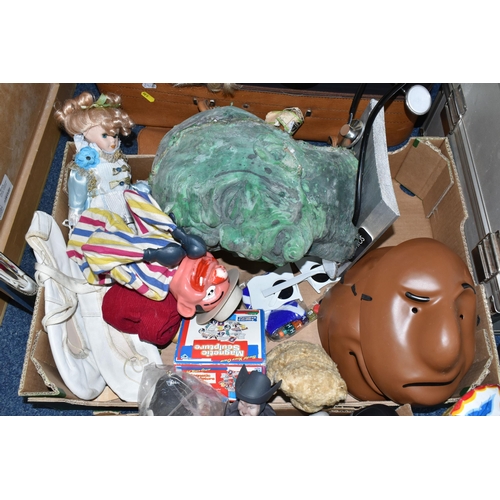 531 - TWO BOXES OF VINTAGE TOYS, to include a green latex Doctor Who 'Davros' mask, a Doctor Who 'Ood' and... 