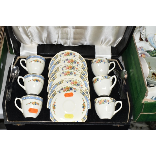 533 - THREE BOXES AND LOOSE CERAMICS AND GLASS, to include a boxed Grindley Cream Petal coffee set, compri... 