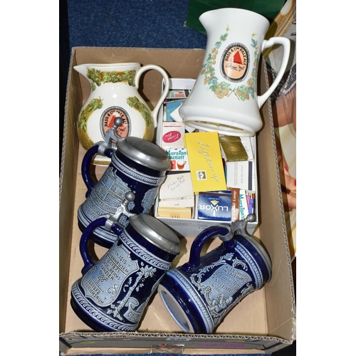 536 - A BOX AND LOOSE CERAMICS AND EPHEMERA, comprising three German M&R Sammler-Seidel beer tankards for ... 