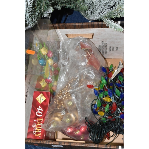 537 - A BOX AND LOOSE CHRISTMAS TREE, LIGHTS AND DECORATIONS, to include a snow effect Christmas tree, app... 