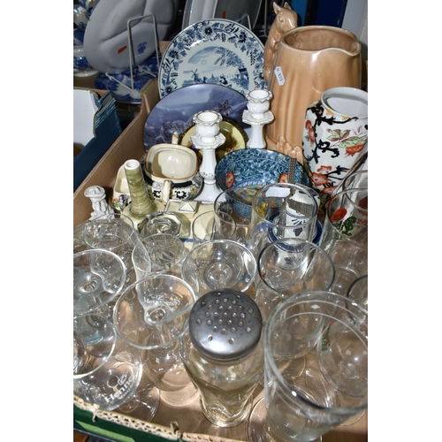 543 - TWO BOXES OF CERAMICS, GLASS, ADVERTISING AND SUNDRY ITEMS, to include a Butler's All Malt Stout des... 