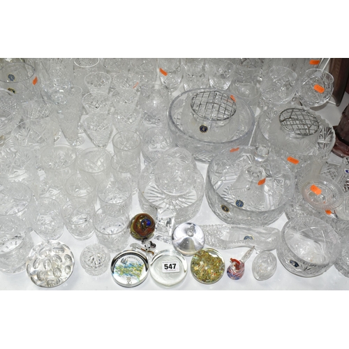 547 - A QUANTITY OF ASSORTED GLASSWARES ETC, mostly cut glass drinking glasses, to include Tutbury Georgia... 