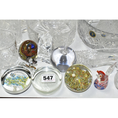 547 - A QUANTITY OF ASSORTED GLASSWARES ETC, mostly cut glass drinking glasses, to include Tutbury Georgia... 