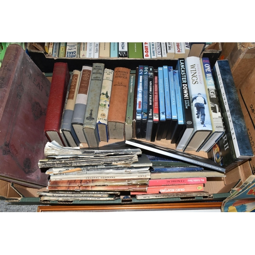 549 - FOUR BOXES OF BOOKS, MAGAZINES, DVDs & PRINTS relating to Aircraft & War, forty book titles are in e... 