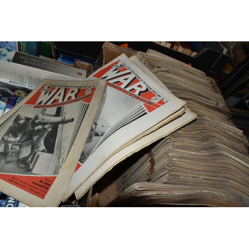 549 - FOUR BOXES OF BOOKS, MAGAZINES, DVDs & PRINTS relating to Aircraft & War, forty book titles are in e... 