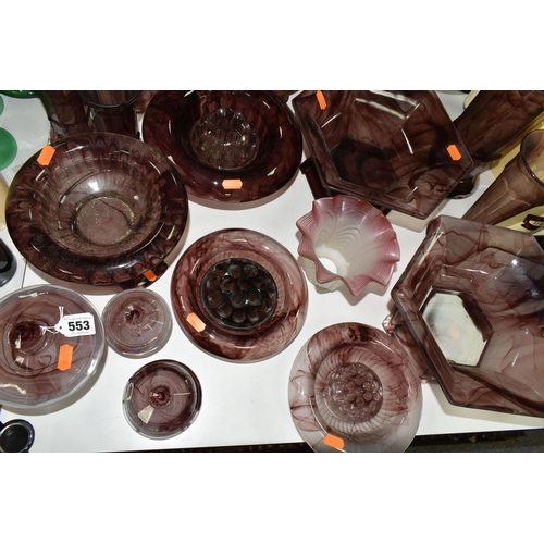 553 - A QUANTITY OF PURPLE RICHARDSONS CLOUD GLASS WARES, to include vases, bowl with stand, approximate h... 