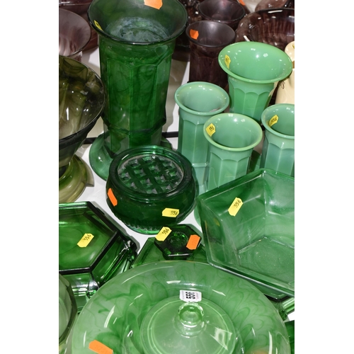 556 - A COLLECTION OF GREEN CLOUD GLASS AND FOUR JADE GLASS VASES, comprising three column form Jade glass... 